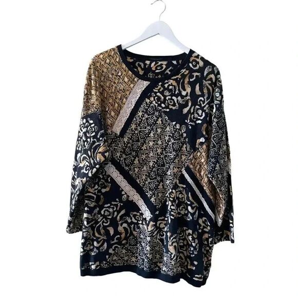 Womens’ Multicolor Black Brown Lace Oversized Boxy Lagenlook Blouse SZ 1X - Picture 1 of 9
